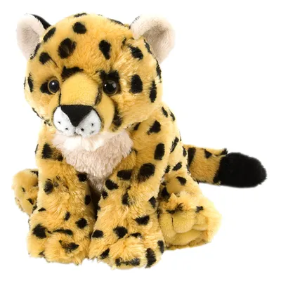 A plush toy cheetah cub is sitting and facing the camera.