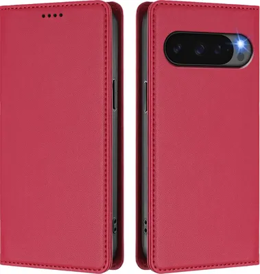 Obrázek produktu pro Kožené pouzdro pro Google Pixel 9/Pixel 9 Pro/Pixel 10/Pixel 10 Pro, magnetické flipové pouzdro zPolyuretankůže se stojánkem Červená