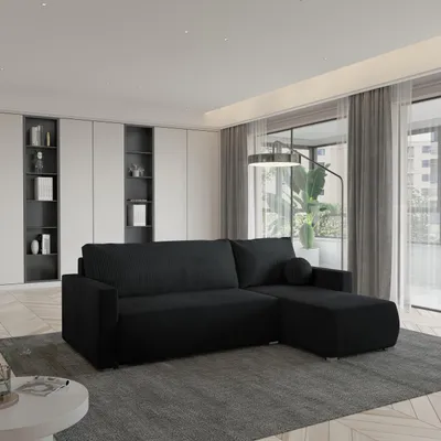 Produktbild von Masseno Ecksofa SORGE mit Schlaffunktion L-Form, Sofa mit Bettkasten, Wohnzimmersofa, Couch, Soffa, Bettsofa, Couchgarnitur- Schwarz, POSO 135 + KRONOS 07