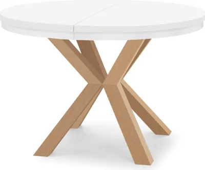 A round dining table with a white top and a wooden X-shaped base, shown against a white background.
