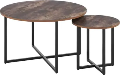 Productafbeelding van Valora bijzettafels voor de bank – Set van 2 – Bijzettafels van rundleder met metalen frame – Ø80 cm en Ø42 cm – Geschikt voor de woonkamer