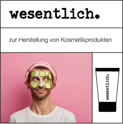 A man with a face mask and cucumber slices on his face, with a product tube on the right.