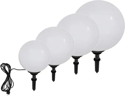 Produktbild von 4er Set IP65 Kugelleuchte weiß in 20/30/40/50cm Durchmesser mit je 3 Meter Zuleitungskabel & E27 Fassung