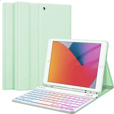 Produktbild von Fintie Tastatur Hülle für iPad 9 8 7 Generation (2021/2020/2019) 10.2 Zoll, 7-farbig beleuchtete abnehmbare Tastatur mit Schutzhülle, QWERTZ Layout, Grün