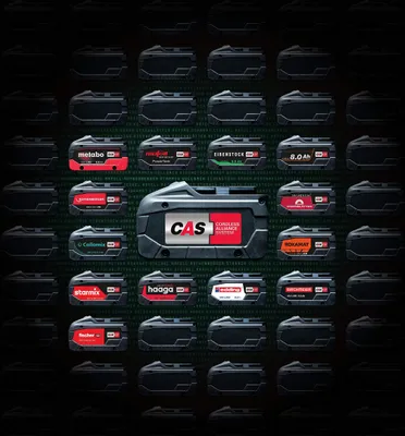 A collage of various power tool batteries, with a central CAS (Cordless Alliance System) battery pack.