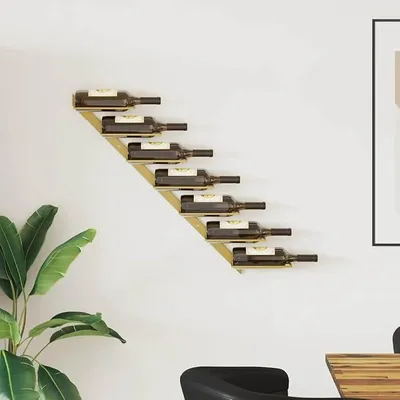 Zdjęcie produktu dla Półka na wino na 7 butelek, złoty metal, wymiary: 88 x 8 x 72 cm. Półka wisząca z akcesoriami montażowymi, idealna do kuchni, baru, spiżarni i piwnicy