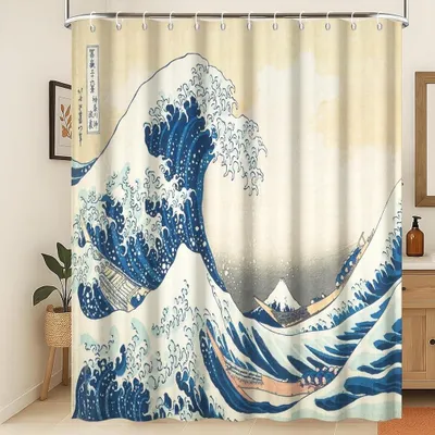 Obrázok produktu pre Japonský maľovaný sprchový záves - Abstraktný dizajn vĺn 120 x 180 cm
