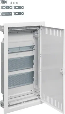 An empty electrical distribution box with its door open, showing internal mounting rails and perforated panels. Several metal mounting brackets and screws are visible in the top left corner.