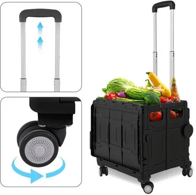 Obrázek produktu pro Vozík na kufry se 4 kolečky do 55 kg – nákupní vozík – 50 litrů – na nákupy, cestování a kempování – černý