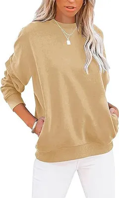 Produktbild von ASKSA Damen Pullover Rundhals Langarm Sweatshirt Casual Lose Einfarbige Herbst Winter Oberteile Oversize Tops, Gelb, XL