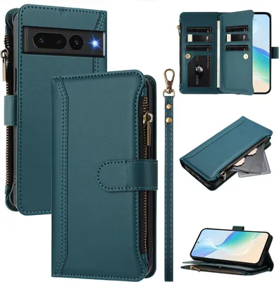 Image de Étui pour Google Pixel 7 Pro, zippé, étui portefeuille en cuirPolyuréthaneà rabat avec poches pour cartes, support et boucle pour les mains vert