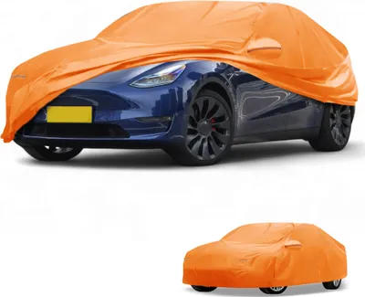 Produktbild von Autoabdeckung Wasserdicht Alle Wetter Automobil Outdoor Anti-UV Sonnenregen Schutz Vollabdeckung fš¹r  Model Y 210D-PU Orange mit Reflektierenden Streifen