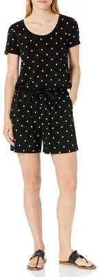 Produktbild von Amazon Essentials Damen Einteiler mit Kurzen Ärmeln und U-Ausschnitt, 8,3cm Beininnenlänge, Schwarz Punkte, L
