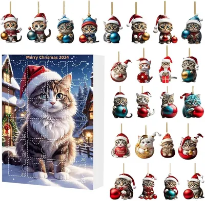 Produktbild von Adventskalender 2024 – Adventskalender mit lustigen Tierfiguren – 2D-Ornament – Haustier-Dekoration für 2024 – Weihnachten – Sammlerstück