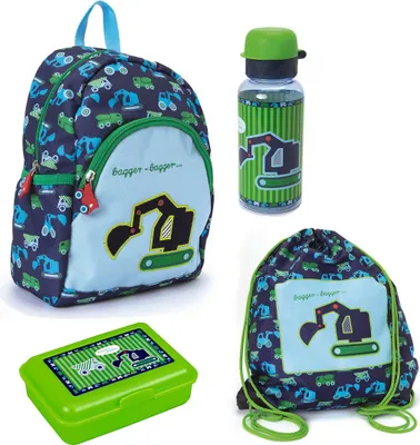 Produktbild von Kindergarten Rucksack Set 4tlg. mit Turnbeutel, Dose und Trinkflasche Bagger