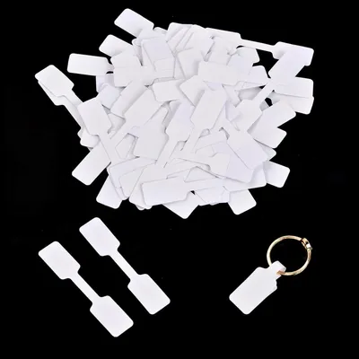 Produktbild von 100 Stück Preisetiketten Selbstklebend, Weiß Preisschilder, Schmuck Tags, Schmuck Preisaufkleber, Jewelry Price Tag für Ringe, Armbänder,Halskette, Ohrringe Display (12 * 60mm)