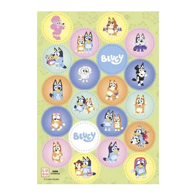 Produktbild von dekora, Mini-Oblaten Essbar Bluey, Tortendeko für Cupcakes & Muffins, Ideal für Kindergeburtstag, Kuchendeko, Essbares Esspapier, Glutenfrei, 20 Stück