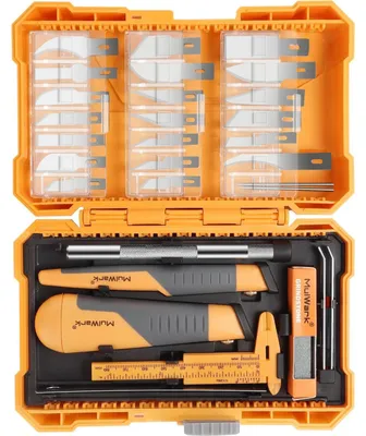 Produktbild von Präzisions Hobby Messerset 41-teilig mit geformtem Griff, Meißel, Schablonen & Feinspitzenklingen, inkl. Schleifstein & Stahllineal