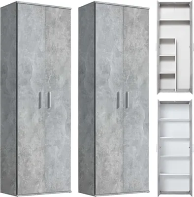 Produktbild von mokebo® Mehrzweckschrank Set 2-teilig 'Die Allzweckwaffe', Schrank-Set mit Aktenschrank & Besenschrank in Betonoptik bzw. Grau, auch als moderne Wohnwand