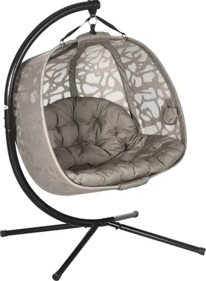 A hanging egg chair with a stand, shown against a white background.