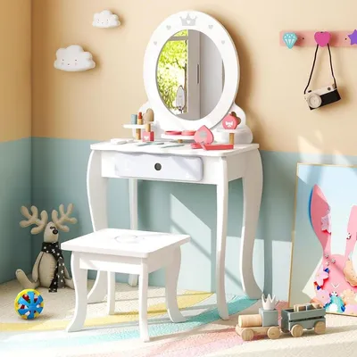 Produktbild von 2 in 1 Kinder Schminktisch Set mit Hocker & Abnembarem Spiegel & Schubladen & Zubehören