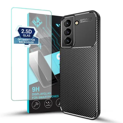 Produktbild von Handy Hülle für Samsung Galaxy S21 FE mit 9H Displayglas Displayschutz Carbon Look Cover Case Schutzhülle Farbe: Schwarz