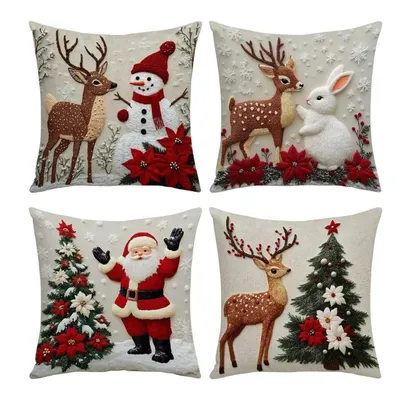 Zdjęcie produktu dla Świąteczne poszewki na poduszki 45x45 cm, zestaw 4, miękka tkanina, motywy bałwana i renifera