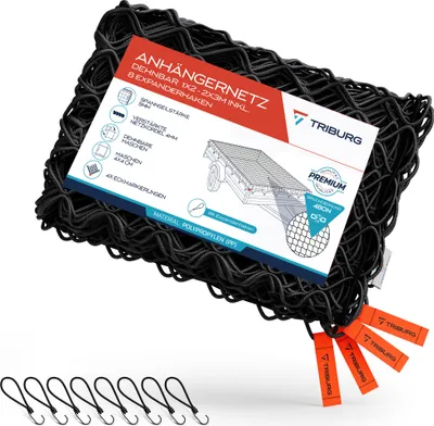 Produktbild von TRIBURG Anhängernetz dehnbar 1x2 m bis 2x3 m + 8 Expander-Haken I Ladungssicherung I Anhängerzubehör I Transportnetz