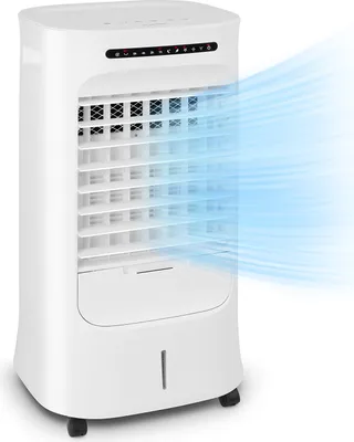 A white air cooler with blue air flow emanating from the front.