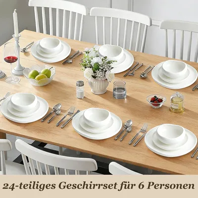 Produktbild von HOMELUX 24-tlg Kombiservice Porzellan Tafelservice für 6 Personen Geschirrset mit Speiseteller, Dessertteller Suppenteller Salatschüsseln Modern Weiß