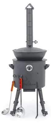 Produktbild von Utschak Feuerofen Ø 40 cm + Gusseisen-Kasan 12 L, runder Boden + Küchenzubehör, Usbekischer Kochtopf aus Gusseisen