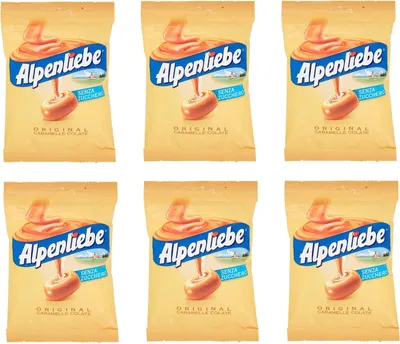 Produktbild von 6x Perfetti Alpenliebe Original Caramelle Colate senza zucchero zuckerfreie Süßigkeiten Bonbon Lollies Toffee-Geschmack 80g Beutel