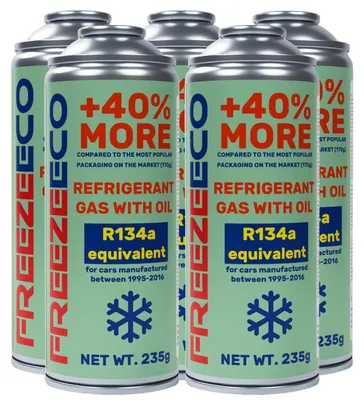Produktbild von FreezeEco 5x 2-in-1 R134a Ersatz-Klimaanlagen-Kältemittel-Set mit Öl und Dichtmittel