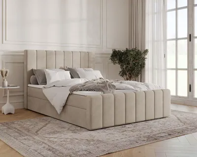 Produktbild von Boxspringbett, Kontinentalbett aus Samt, Polsterbett, dekorativem Kopfteil Doppelbett mit Bonell-Matratze, Topper und Bettkasten (gepolstertes Kopfteil, Boxspring) - Boxspringbett 01 BIS 180x200 – Beige (Manila 02)