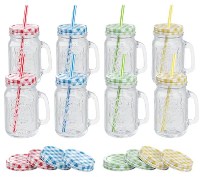Produktbild von Trinkgläser bunt mit Deckel 500ml + Ersatzdeckeln
