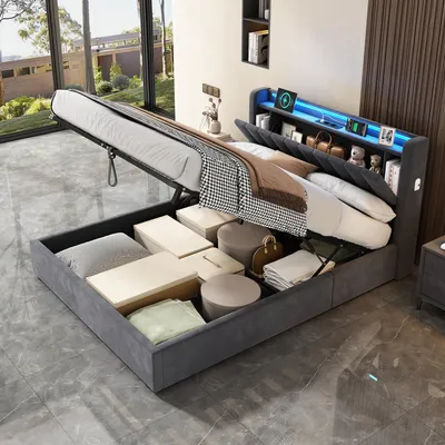 Produktbild von MODFU Boxspringbett Polsterbett 140x200 Jugendbett mit LED-Licht und Steckdosen,Bettgestell mit Bettkasten,Stauraumbett,Grau (ohne Matratze)