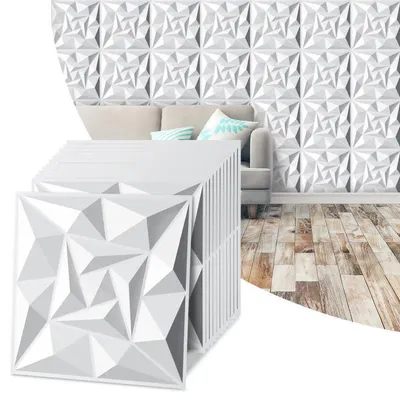 Produktbild von 3D Wandpaneele Diamant, 12 Stück 3D PVC Paneele, Wanddeko Platten, Nicht Verformbar, Wasserfest, Hitzebeständig, 50 x 50 cm, Matt weiß