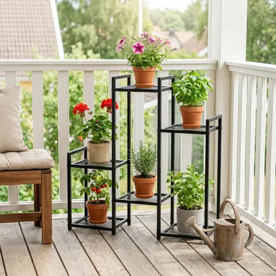 Produktbild von Blumenständer 6 Etagen Metall schwarz, Pflanzenständer Indoor Outdoor Balkon Terrasse, Blumenregal asymmetrisch Wohnzimmer Garten, Pflanzentreppe