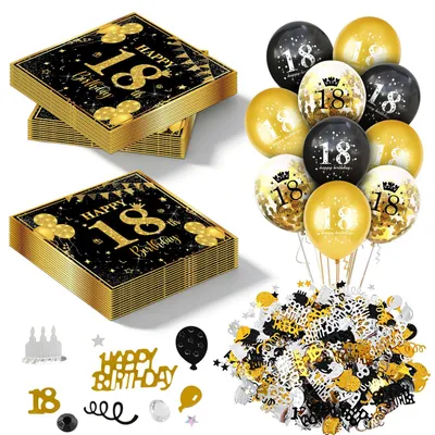 18. Geburtstag Dekoration Set, 36-teilig, Schwarz/Gold