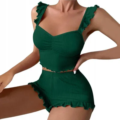 Immagine prodotto di Pigiama - Set di biancheria intima da donna - Camicia da notte con pantaloncini - con balze - Set di top e slip - Taglia unica - Verde scuro