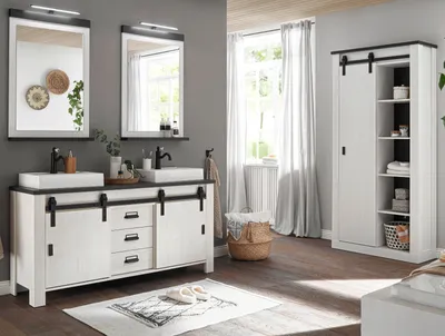 Produktbild von Badmöbel Set "Stove" weiß Pinie und anthrazit Badezimmer mit 2x Waschbecken und LED