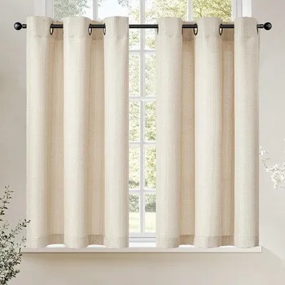 Image de Ibenzoa® Ensemble de rideaux de cuisine en lin imitation, avec œillets, couleur beige, 95 x 90 cm – Rideaux semi-transparents pour petites fenêtres