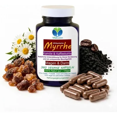 Immagine prodotto di Myrrhe Kamille Kaffeekohle Vegan 360: polvere in capsule vegetali, formulata secondo i principi dell'Ayurveda e di Hildegard von Bingen, per un prodotto naturale puro, senza aggiunte