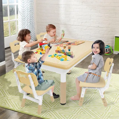 Produktbild von YZNAHRE Kindertisch mit 4 Stühlen Plastik Kindersitzgruppe Kinder Tisch Stuhl Set Höhenverstellbar Sitzgruppe Maltisch Kindermöbel für Jungen Mädchen ab 2 Jahre, Holzfarbe