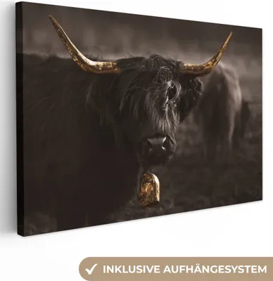 Produktbild von OneMillionCanvasses® - Leinwandbilder - 140x90 cm, Scottish Hochlandrind - Tier - Schwarz und weiß, Wandbilder Kunstdruck Wanddekoration