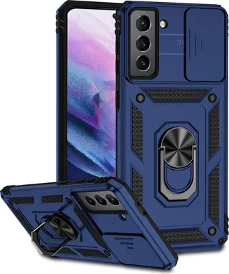 Image de Étui pour Samsung Galaxy S21 5G étui double couche avec couvercle coulissant pour l'appareil photo et anneau de support bleu