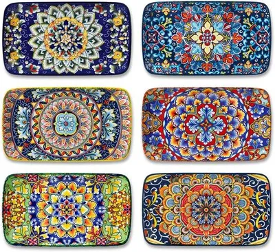 Imagen del producto de Juego de 6 platos de cerámica Unyqoos® con diseño bohemio, de 24,7 x 14,2 cm. Resistentes a roturas, sin plomo, aptos para microondas y horno, y aptos para lavavajillas. Ideales para sushi y aperitivos