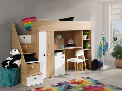 Produktbild von Hochbett Etagenbett mit Schreibtisch Schrank & Treppe SAM 14 eiche weiß