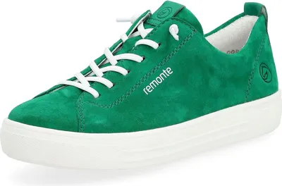 A green sneaker with white laces and a white sole, shown from a side angle on a white background.