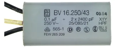 A close-up of a capacitor with wires attached.